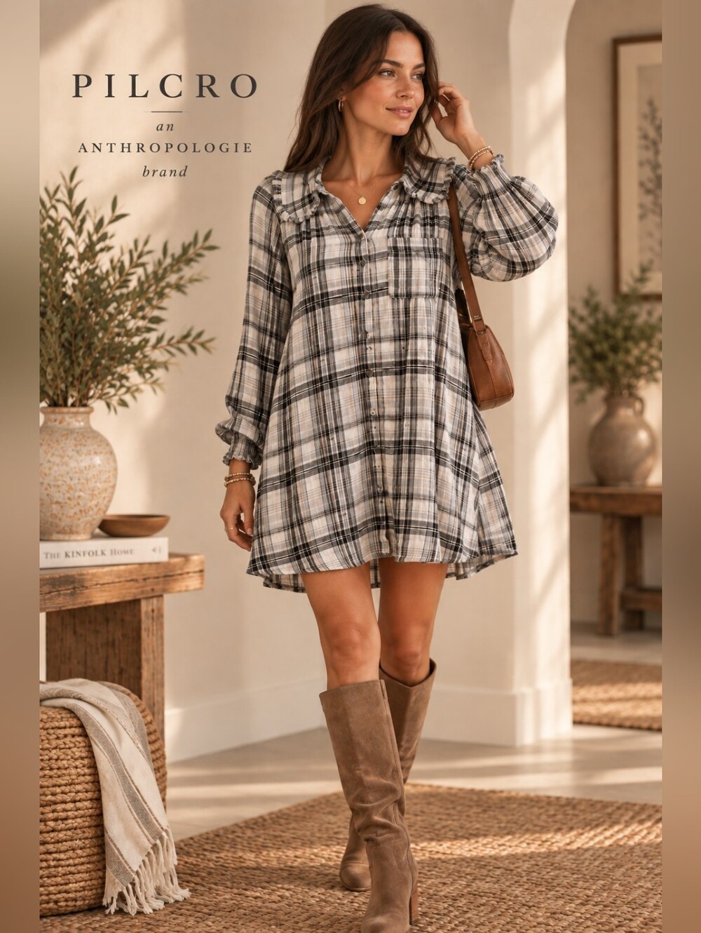 Pilcro Anthropologie Plaid Tunic Dress Ruffle Peter Pan Collar Black White S